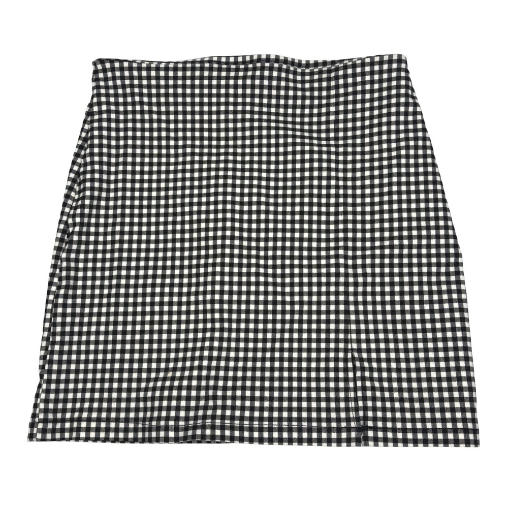 Black White Gingham Check Mini Skirt High Waist Split Hem
